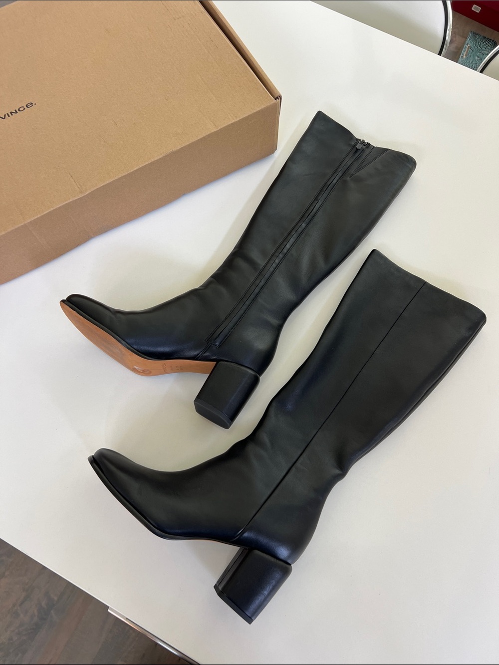 Vince maggie knee high length black leather block heel boots 8.5